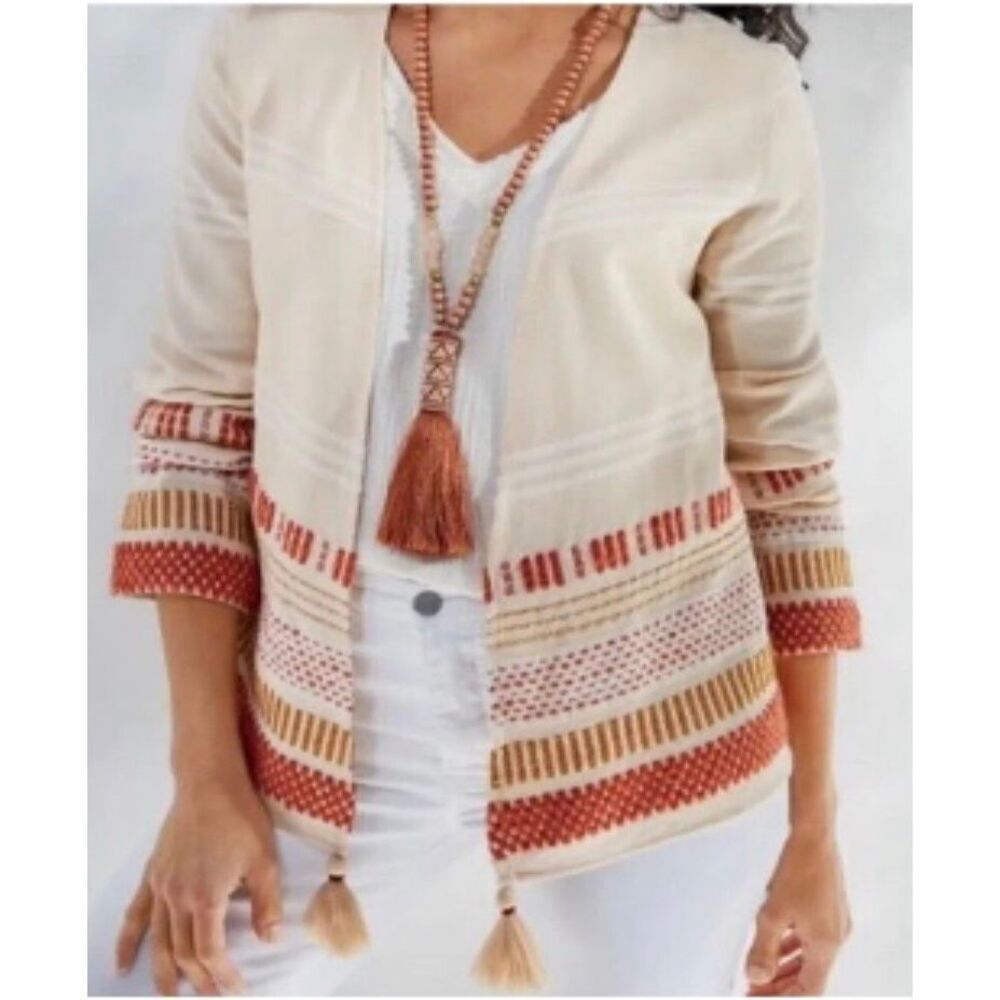 EUC Soft Surroundings Juliet Woven Tassel Topper cardigan M boho old money